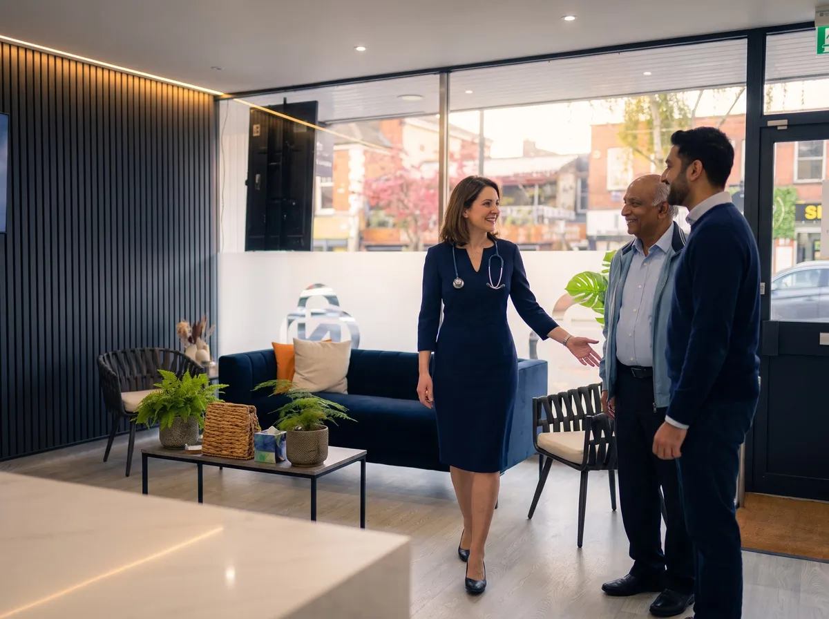 A GP walking a patient and his son to the door after an appointment