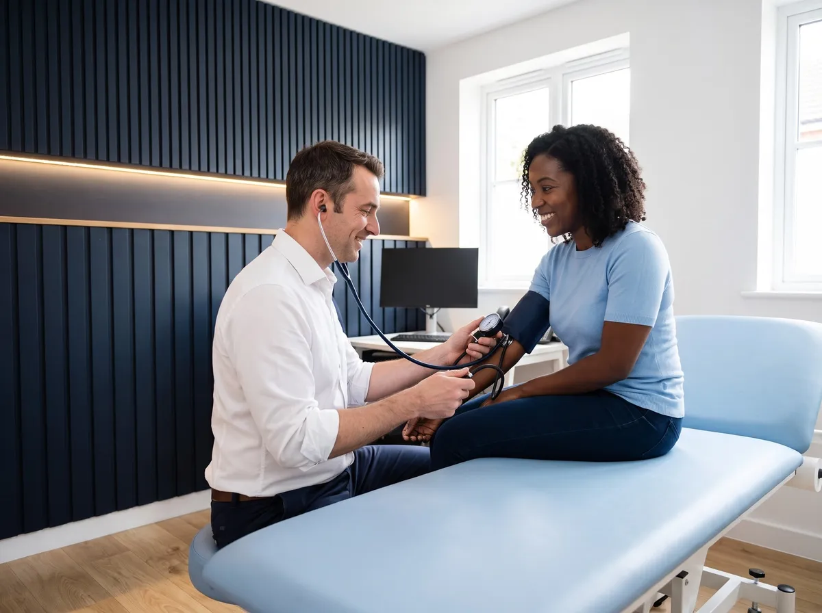 A GP checking a patient's blood pressure in the clinic